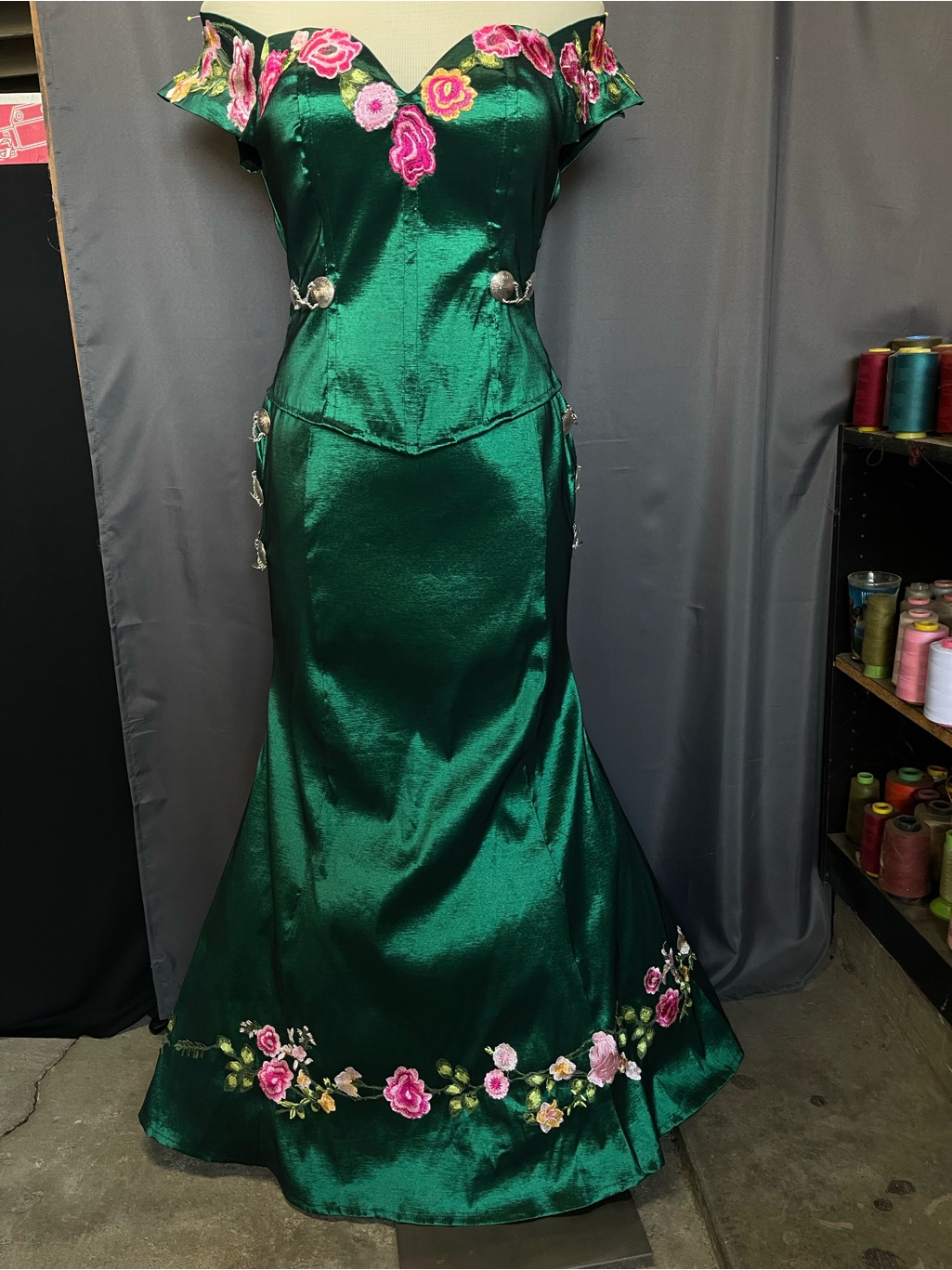 Emerald Green Off-Shoulder Satin Gown With Pink Floral Embroidery
